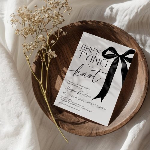 "She's Tying the Knot" Watercolor Black Bow Bridal Shower Invitation, Print or Digital Download