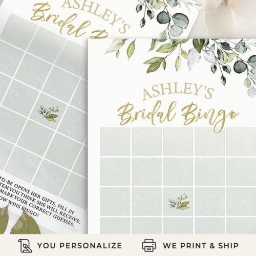 "Bridal Bingo" Eucalyptus Personalized Bridal Shower Game - Printed & Shipped