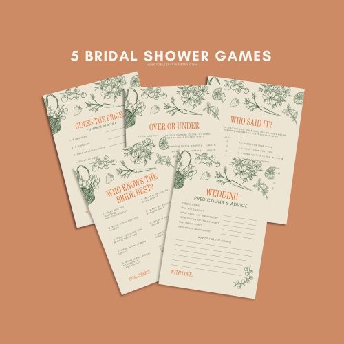 5 Farmers Market Themed Fun Bridal Shower Printable Games: Market Bag with Flowers & Fruits Print