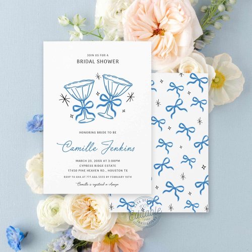 Blue Bridal Shower Invitation Editable Template: Hand Drawn Whimsical Champagne Glasses, Bows & Stars