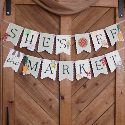 "She's Off the Market" Bridal Shower Banner: Farmer's Market Produce Themed Scallop Edged Flag Card Letters