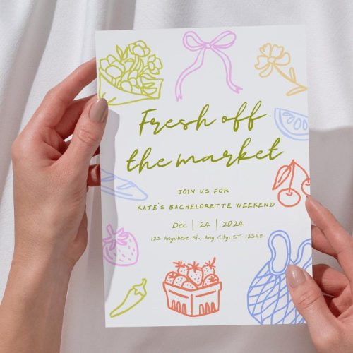 Bridal Shower Invite Canva Template "Fresh Off The Market": Colorful Farmers Market Produce Illustrations