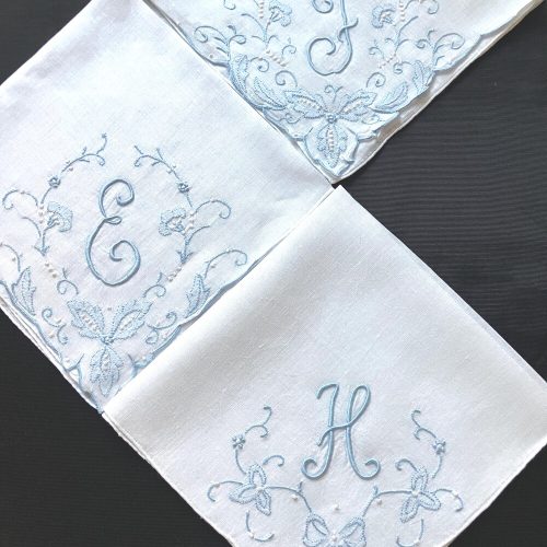 "Something Blue Before I Do" Vintage-Look Embroidered Initial Handkerchief: Bridal Shower Gift for Bride