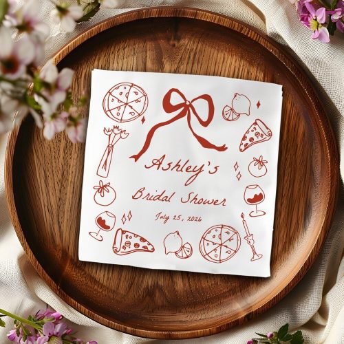 Italian Theme Bridal Shower Cocktail Napkins, Hand Drawn with Whimsical Bow, Pizza, Wine, Candle, Lemon, Amalficore