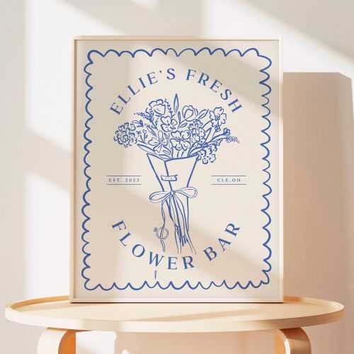 Personalized Bridal Shower Fresh Flower Bar Sign: Editable Template, Hand Drawn Floral Bouquet with Scallop Edge Design