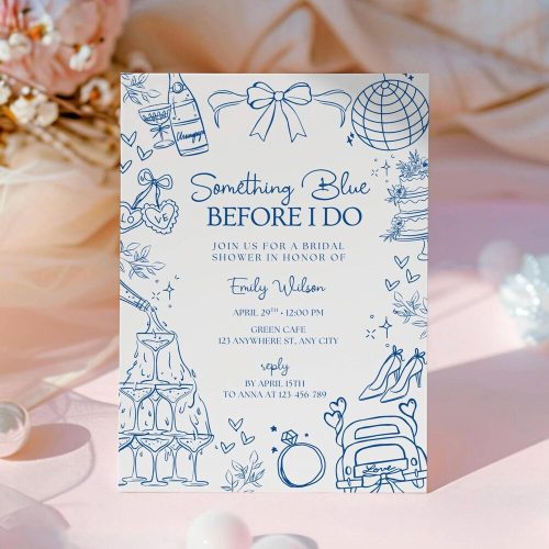 "Something Blue Before I Do" Bridal Shower Invitation Editable Template: Hand Drawn Dusty Blue Modern Coquette Style