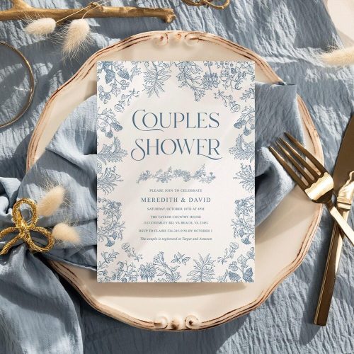 Couples Wedding Shower Invitation Editable Template: Dusty Blue Vintage Floral Design