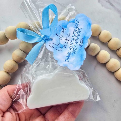 Cloud-Shaped Soap Favor for “On Cloud Nine" Bridal Shower, Clear Wrap with Personalized Gift Tag