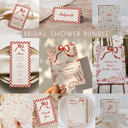 Red Italian Themed "That's Amore" Bridal Shower Digital Download Bundle, with Hand Drawn Pizza, Wine, Grapes, Bows, Checks & Candelabra