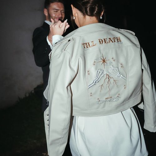 "Till Death" Embroidered Ivory Vegan Leather Crop Bridal Jacket with Skeleton Pinky Promise
