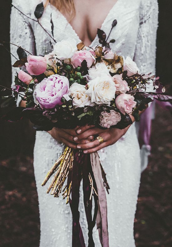 Modern boho wedding bouquet with silk ribbon in purple, white and black | Enchanted Wedding Photography