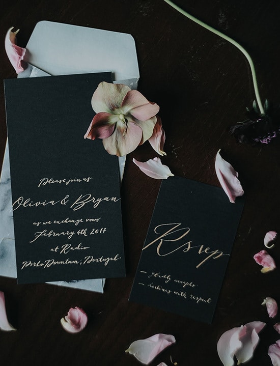 Moody black wedding invitation with gold calligraphy and marble envelope | Meraki Studio via Green Wedding Shoes