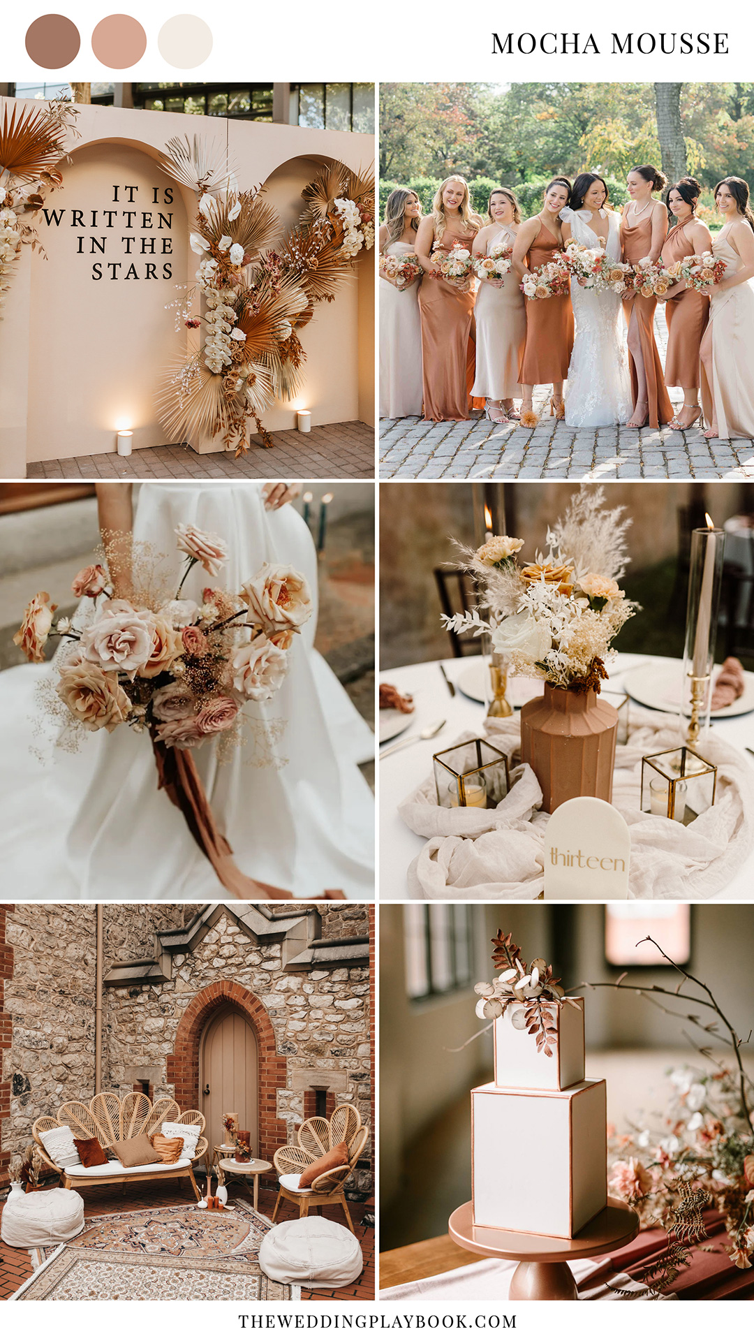Earthy tones have been a signature palette for boho luxe weddings in recent years, and the love affair continues with Pantone’s 2025 Colour of the Year - Mocha Mousse. This soft brown offers a more muted alternative to popular rust and terracotta shades. 
Paired with ivory and champagne, our warm neutral wedding mood board offers a refined take on boho faves that leans into the romance. You’ll find details like hanging Edison bulbs, mismatched bridesmaid dresses, a minimalist tiered cake, relaxed lounge area and textured floral arrangements. | The Wedding Playbook