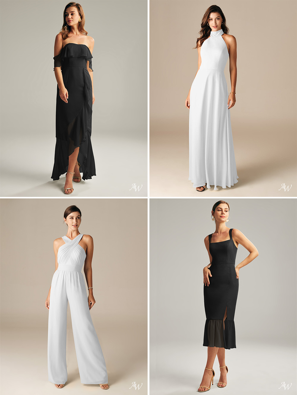 Black and white bridesmaid dresses from AW Bridal