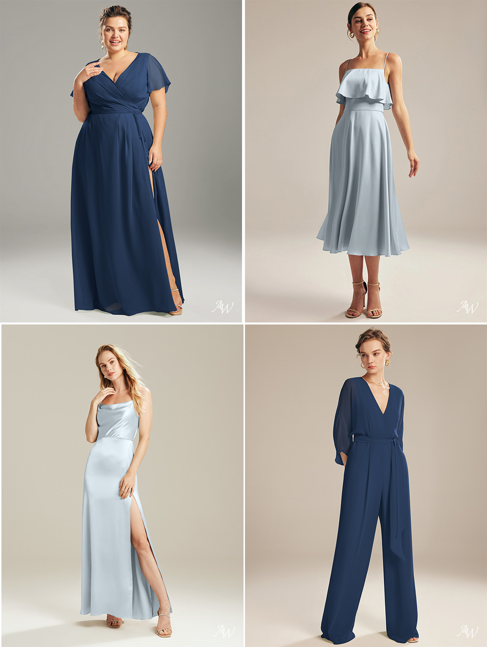 Light and dark blue bridesmaid dresses from AW Bridal