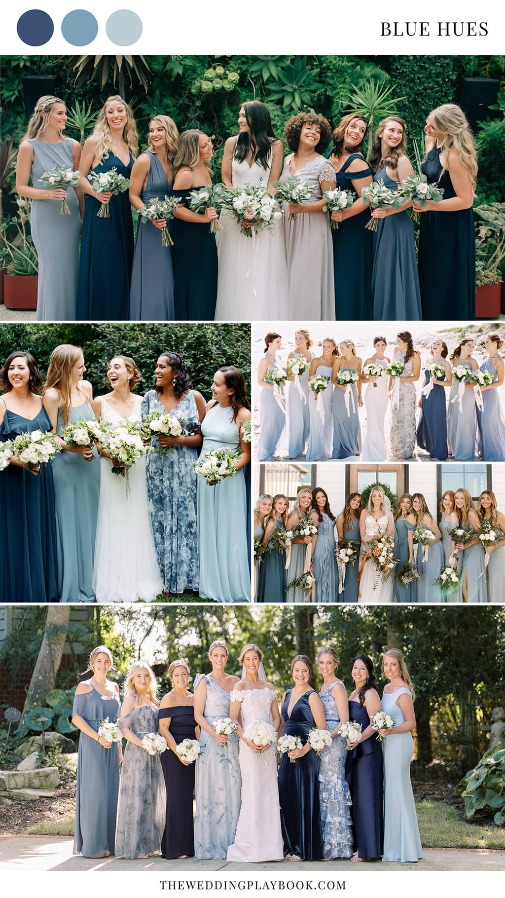 Blue bridesmaid dress colour inspiration | Photography: Danielle Bennink via The Knot | Lissa Ryan Photography via Washingtonian | Carmen Santorelli via Style Me Pretty | Cari Pilgrim Photography via Paper and Fig | Jenna Marie Weddings via The Knot
