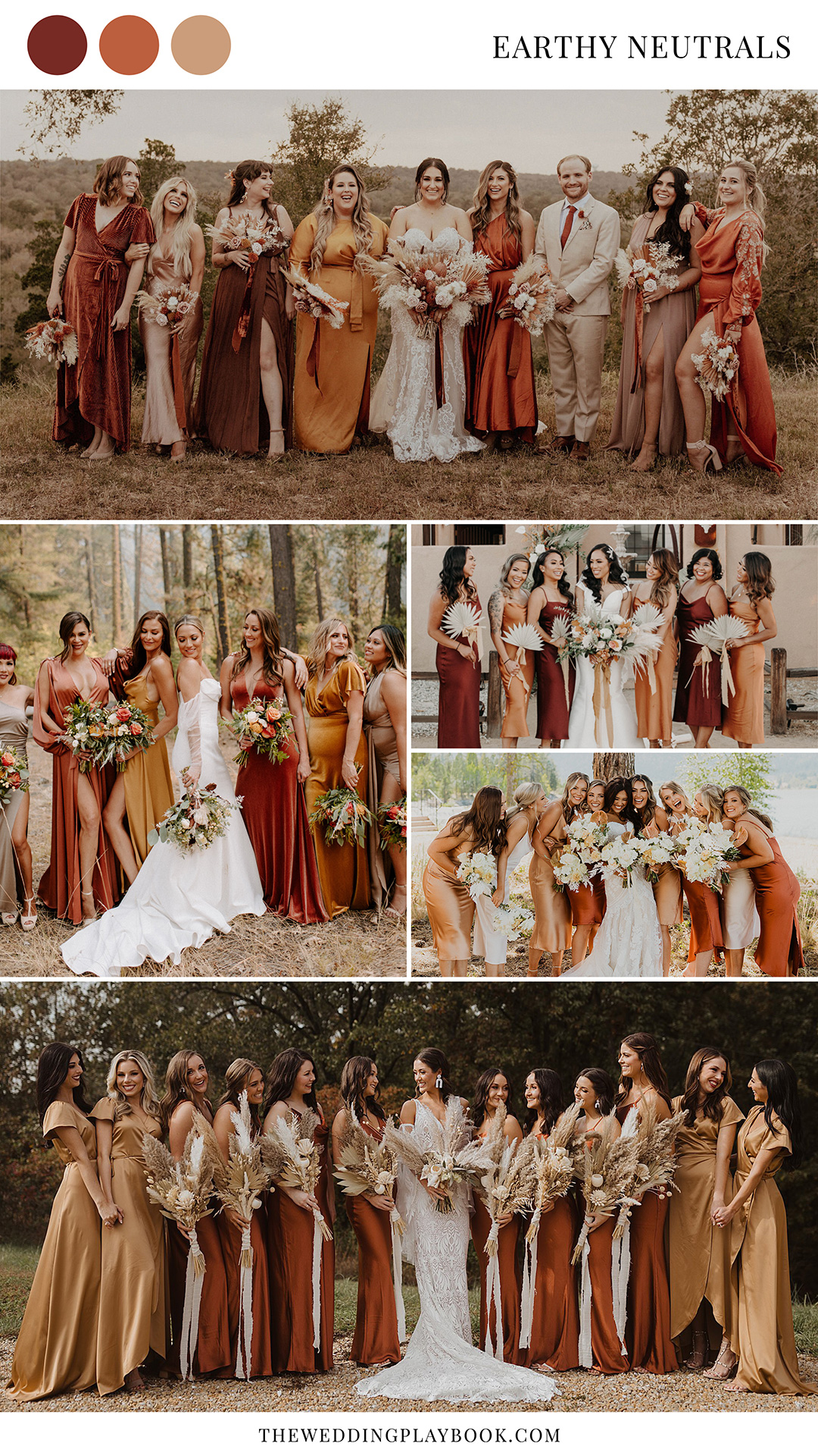 Earthy neutral bridesmaid dress colour inspiration | Photography: Lauren Apel Photography via Shiraz Garden |  Peyton Byford | Tayler Ashley via Junebug Weddings | Kylie Morgan Photography | Abby Rose Photography 