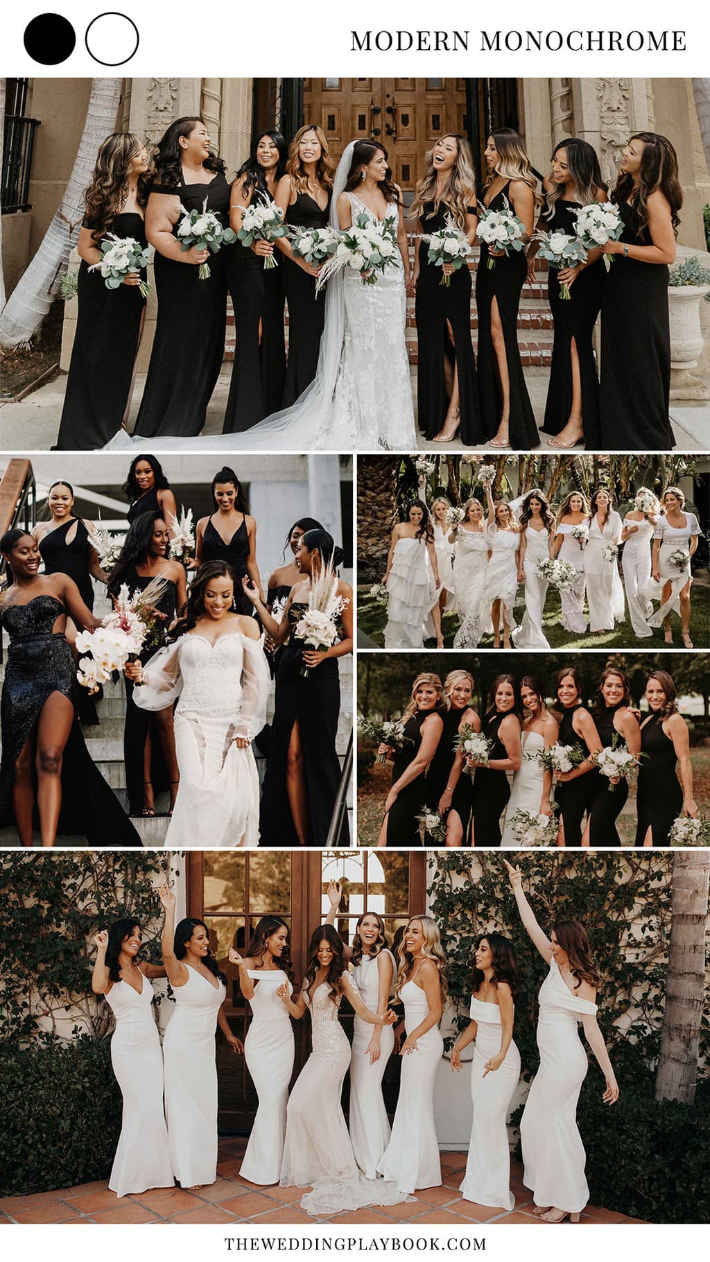 Black and white modern monochrome bridesmaid dress colour inspiration | Photography: Through The Glass Paris via MODwedding | IVASH Studio via Brides | Chris and Ruth Photography via Brides | Hayley Dolson Photo via Junebug Weddings | Jordan Voth