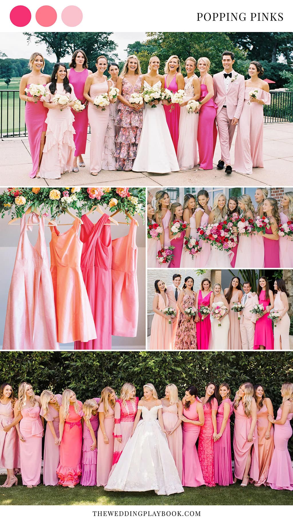 Pink bridesmaid dress colour inspiration | 
Photography: Abby Jiu via Washingtonian | Cassie Loree Photography via Brides of North Texas | Ashley Monogue Photography via Willow Lane Co | Abby Jiu via Martha Stewart Weddings | BrittRenePhoto via Green Wedding Shoes