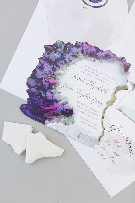 Ultra Violet amethyst geode wedding invitation | Illustrated Weddings via Brides of North Texas