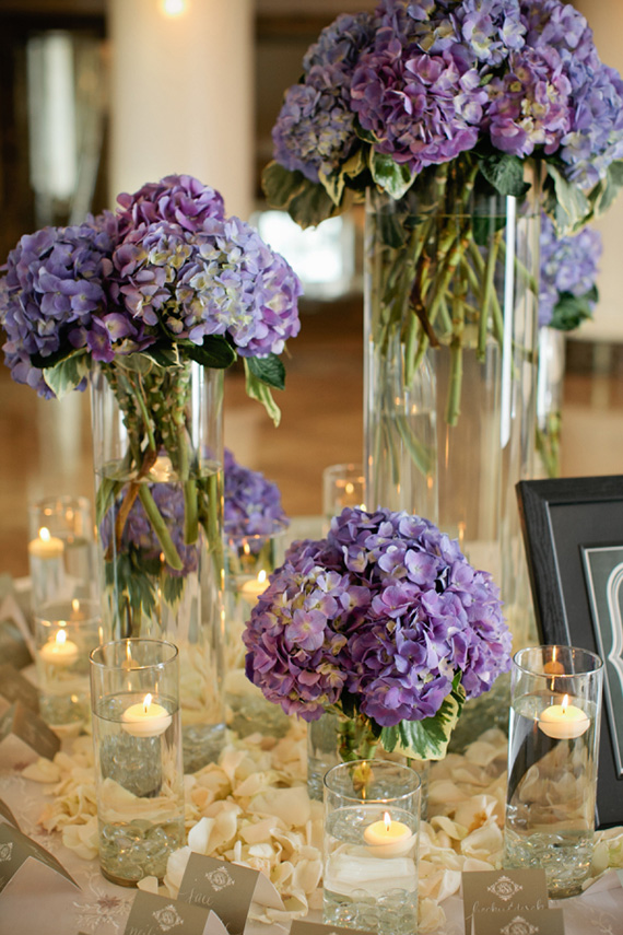 Ultra Violet hydrangea wedding reception centrepiece | Kristyn Hogan via Elizabeth Anne Designs