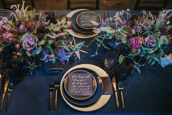 Ultra Violet, navy and gold wedding reception table setting | Hazelwood Photo via 100 Layer Cake