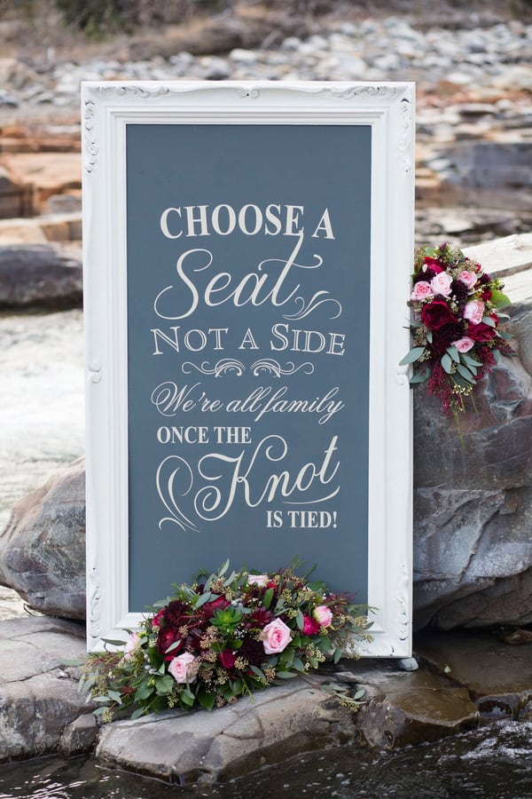 Wedding ceremony seating sign - "Choose a seat, not a side, we're all family once the knot is tied!" | Melanie Bennett Photography via Rustic Folk Weddings
