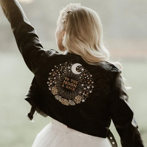 "To The Moon and Back" Embroidered Black Vegan Leather Bridal Jacket