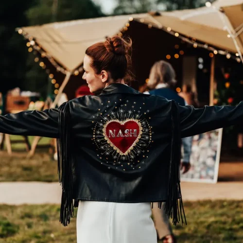 Custom Celestial Heart Cropped Faux Leather Wedding Jacket